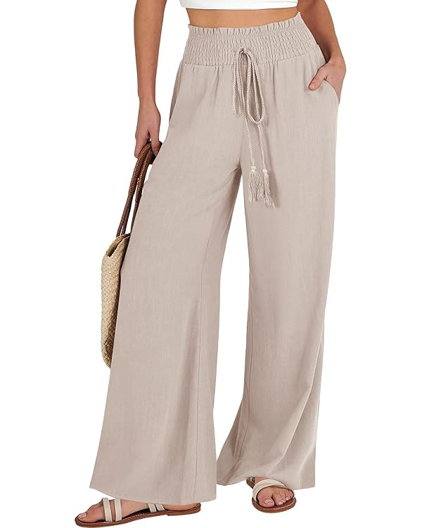 ANRABESS Women Linen Palazzo Pant Summer Casual Loose High Waist Wide Leg Long Lounge Pant Trouse... | Amazon (US)