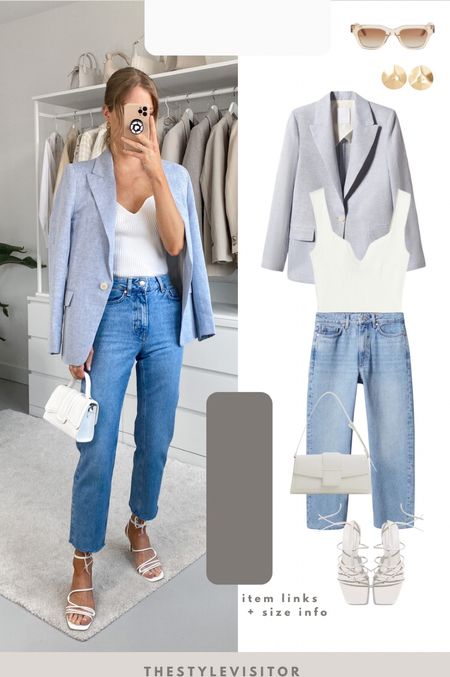 Mid rise light blue jeans, in the pic it looks a lot darker than in rl. Love the blazer, picked up xs but s would’ve been better for a more oversized fit. Linked dupes for the strappy sandals. Wearing the top in size s. Read the size guide/size reviews to pick the right size.

Leave a 🖤 to favorite this post and come back later to shop

#spring outfit #sweetheart necklined top 

#LTKstyletip #LTKSeasonal #LTKeurope