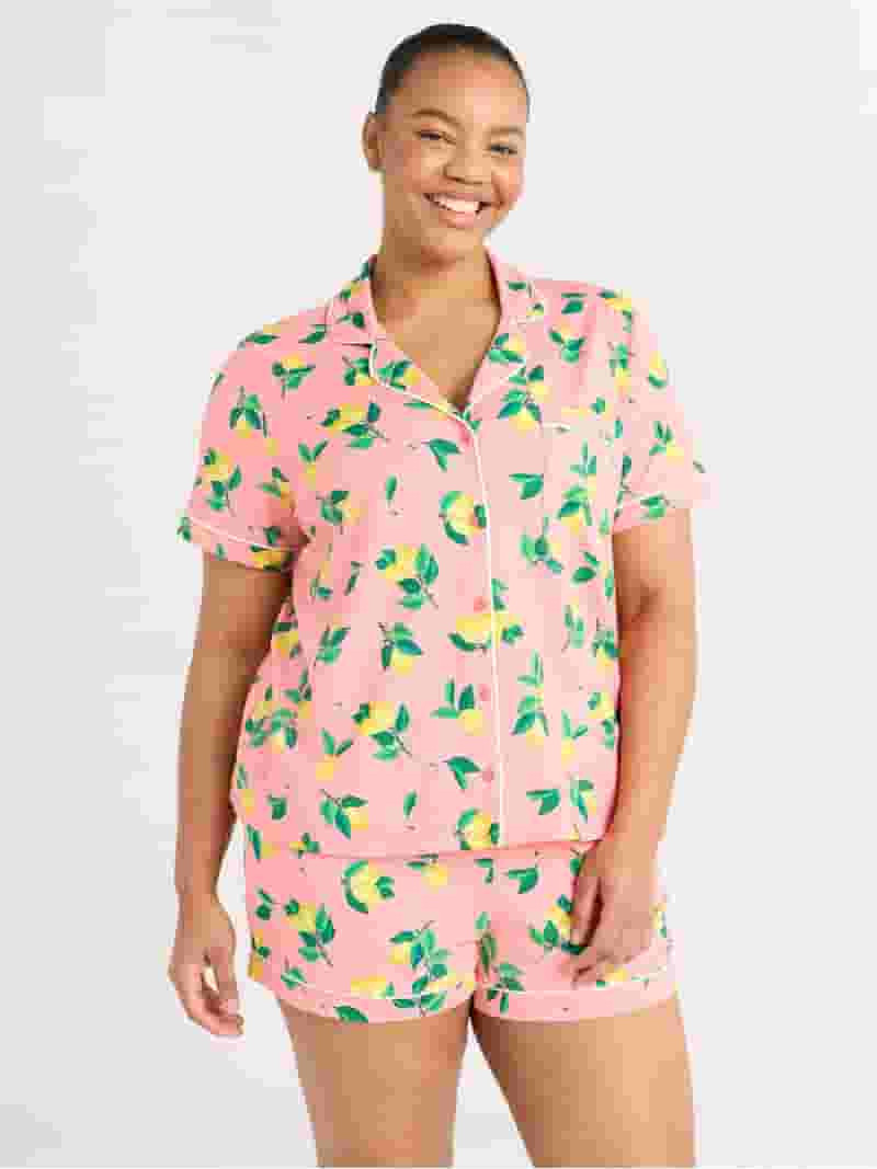 Joyspun Women’s Short Sleeve Knit Notch Collar Top and Shorts Pajama Set, 2-Piece, Sizes XS-3X | Walmart (US)