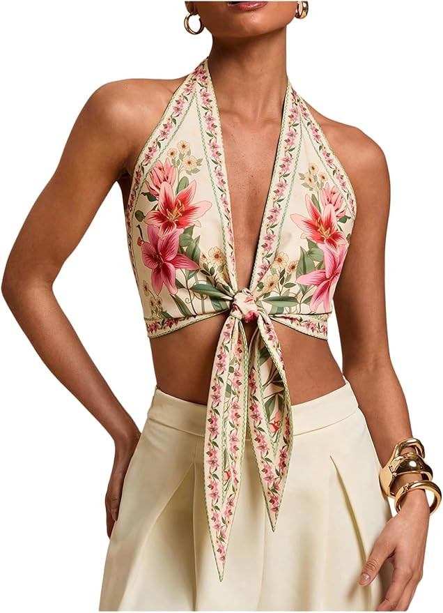 GORGLITTER Women's Floral Boho Halter Crop Tops Open Back Backless Western Vintage Summer Cowgirl... | Amazon (US)