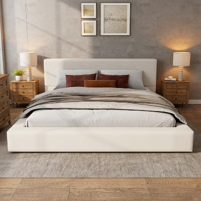Christopher Knight Home Adrian Modern Upholstered Platform Bed with Linen Thick Headboard, Beige/King | Target