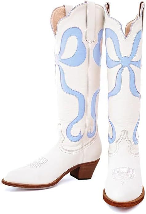 MissHeel Knee High Cowgirl Boots with Bow White Cowboy Boots for Women | Amazon (US)