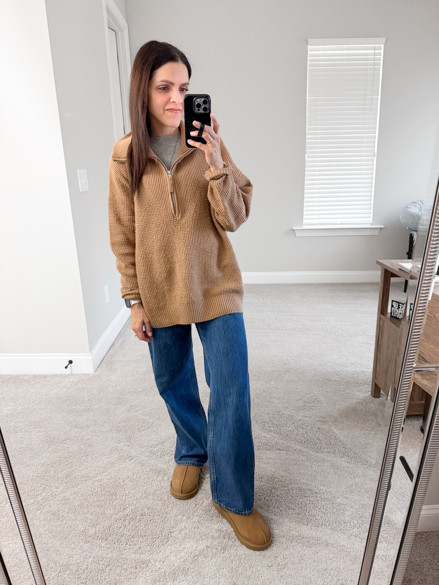 Comfy weekend look —
long sleeve tee 
oversized quarter zip sweater
loose Jean 
Tasman Uggs

#LTKStyleTip