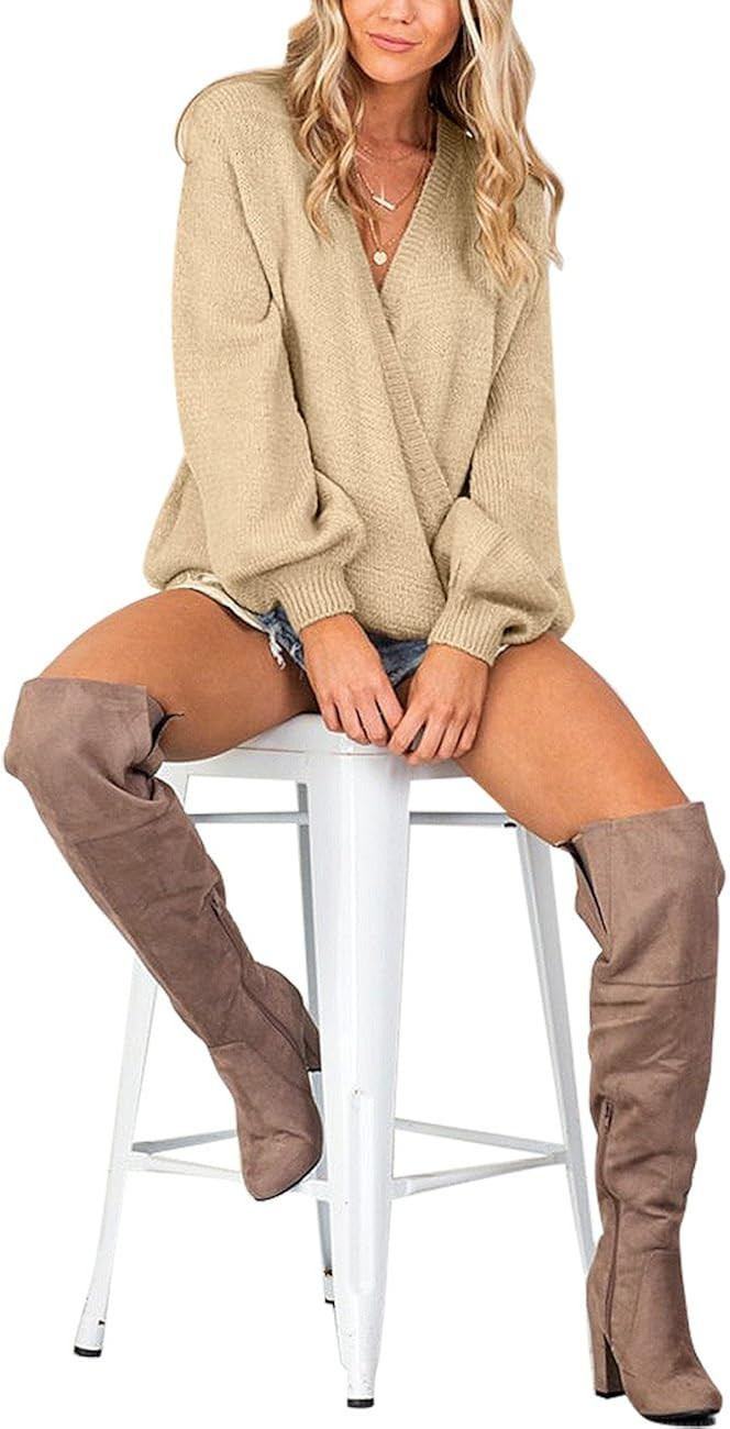 LookbookStore Women's Knit Long Sleeve Faux Wrap Surplice V Neck Sweater Top | Amazon (US)