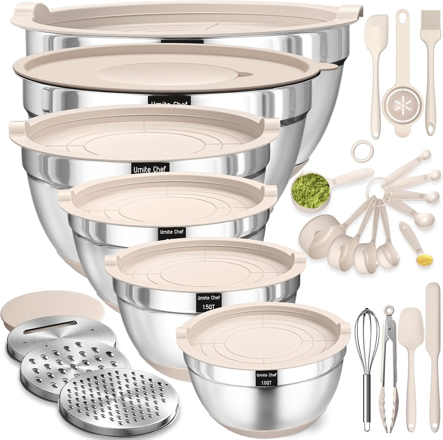 Mixing Bowls with Airtight Lids Set, 26PCS Stainless Steel Khaki Bowls with Grater Attachments, Non-Slip Bottoms & Kitchen Gadgets Set, Size 7, 4, 2.5, 2.0,1.5, 1QT, Great for Mixing & Serving | Amazon (US)