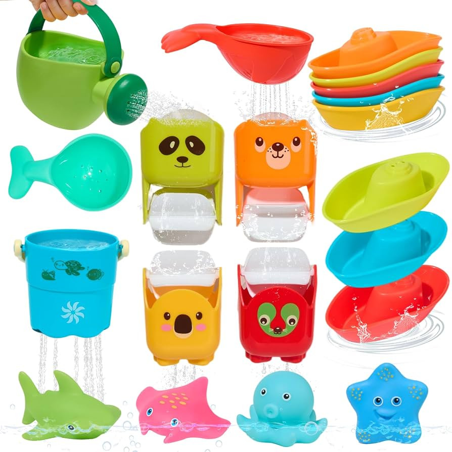 Mold Free Bath Toys, 17PCS | Easy Clean Easy-Grip Baby Bath Toys for Kids Ages 1-3 | Bath Boats C... | Amazon (US)