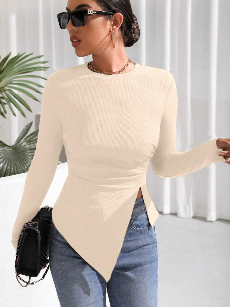 SHEIN Essnce Women's Casual Round Neck Slit Hem Long Sleeve T-Shirt, Solid Color, Autumn | SHEIN