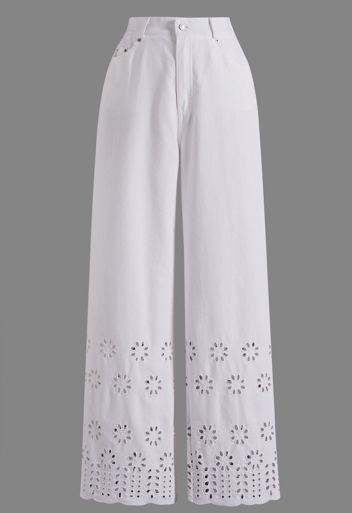 Embroidered Floral Eyelet Straight-Leg Jeans in White for Gallery Visits & Office Days | Chicwish