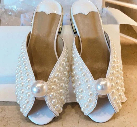 Pearl Wedding Heels Low Heel Sandals Pearl Bridal Flats - Etsy | Etsy (US)