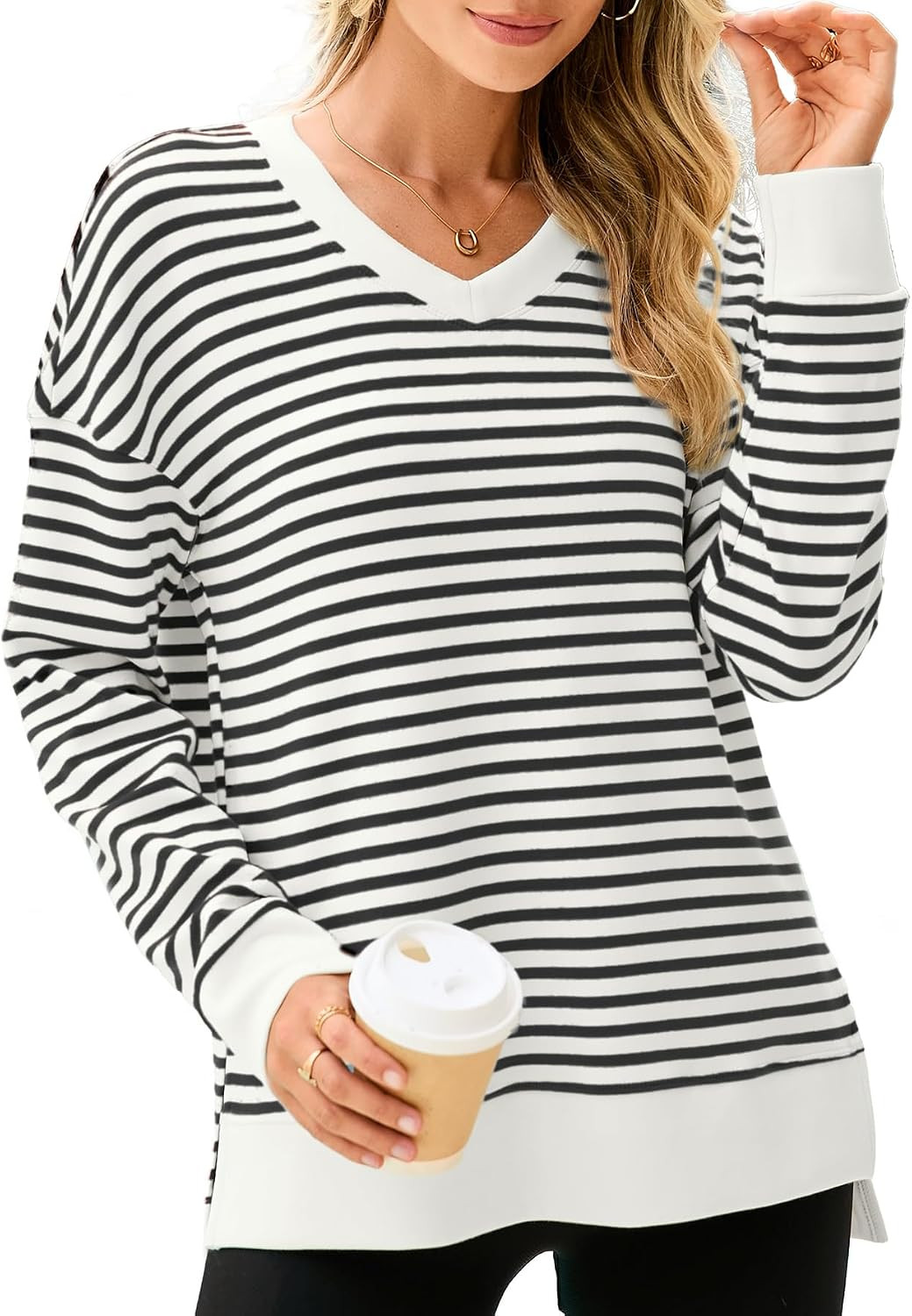 Glamaker Women's Long Sleeve V Neck Sweatshirt Lightweight Basic Soft Loose Pullover Sweatshirts | Amazon (US)