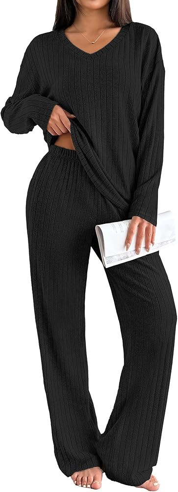 Ekouaer Lounge Sets for Women Long Sleeve Knit Ribbed Pajama Sets 2 Piece Casual Loungewear with ... | Amazon (US)