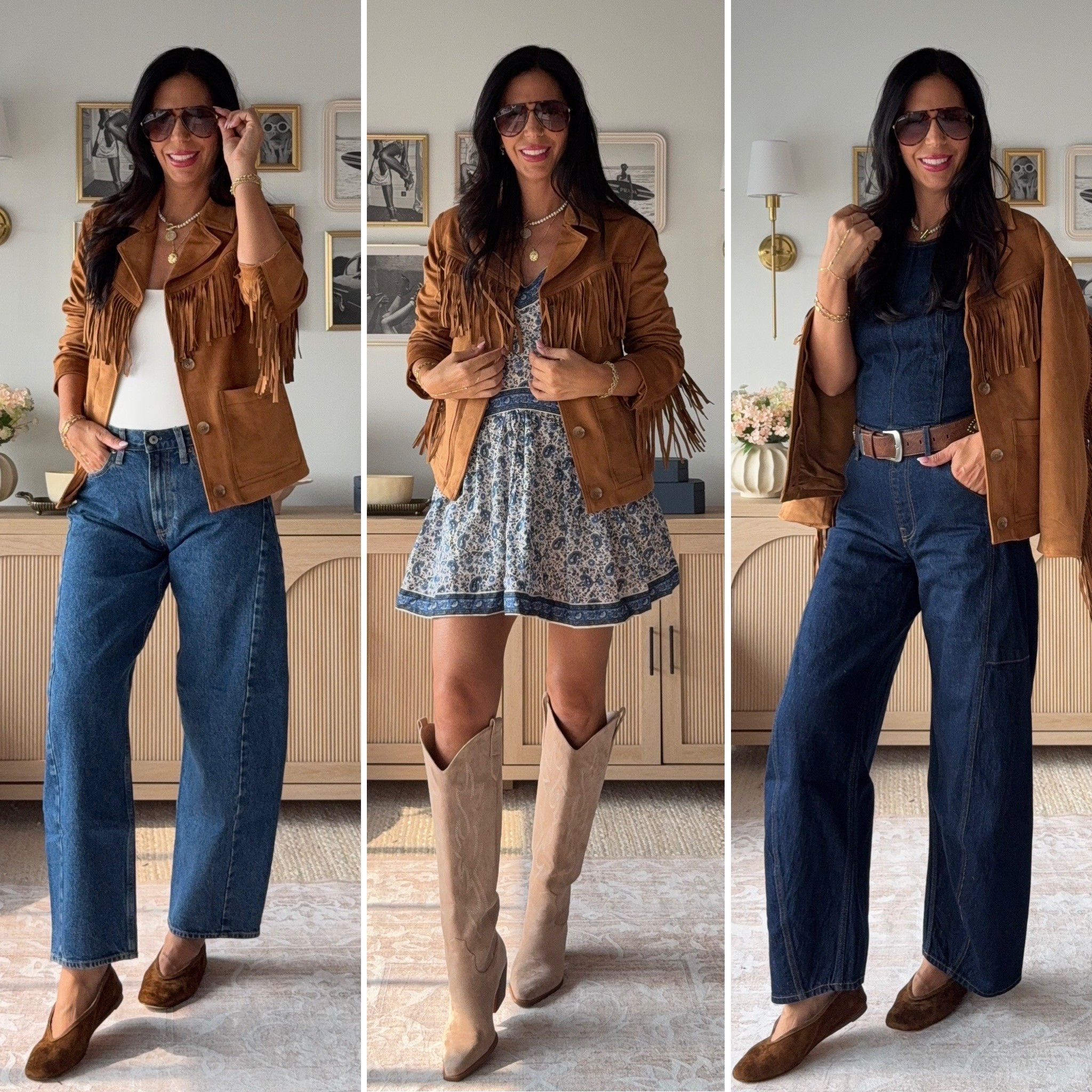 Code: DENIMAF

The perfect western fringe jacket 
Wearing a small 
Barrel jeans- small tall 
Dress- small tall 
Jumpsuit- small (size up) runs small 

#LTKU #LTKSaleAlert #LTKOver40