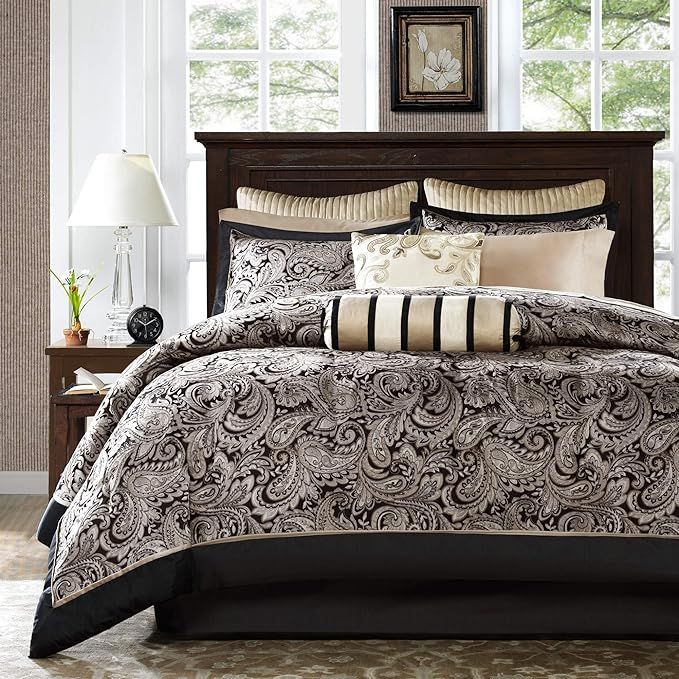 Madison Park Aubrey Cal King Size Bed Comforter Set Bed In A Bag - Black, Champagne , Paisley Jac... | Amazon (US)