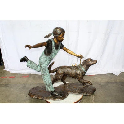 Nifao Collection Young Girl and Her Dog Playing Bronze Statue 53" x 21" x 40"H | Wayfair North America