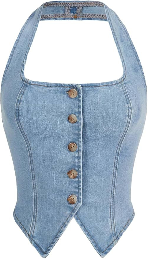 SHENHE Women's Denim Tops Y2K Halter Button Up Strapless Jean Vest Western Summer Going Out Top | Amazon (US)