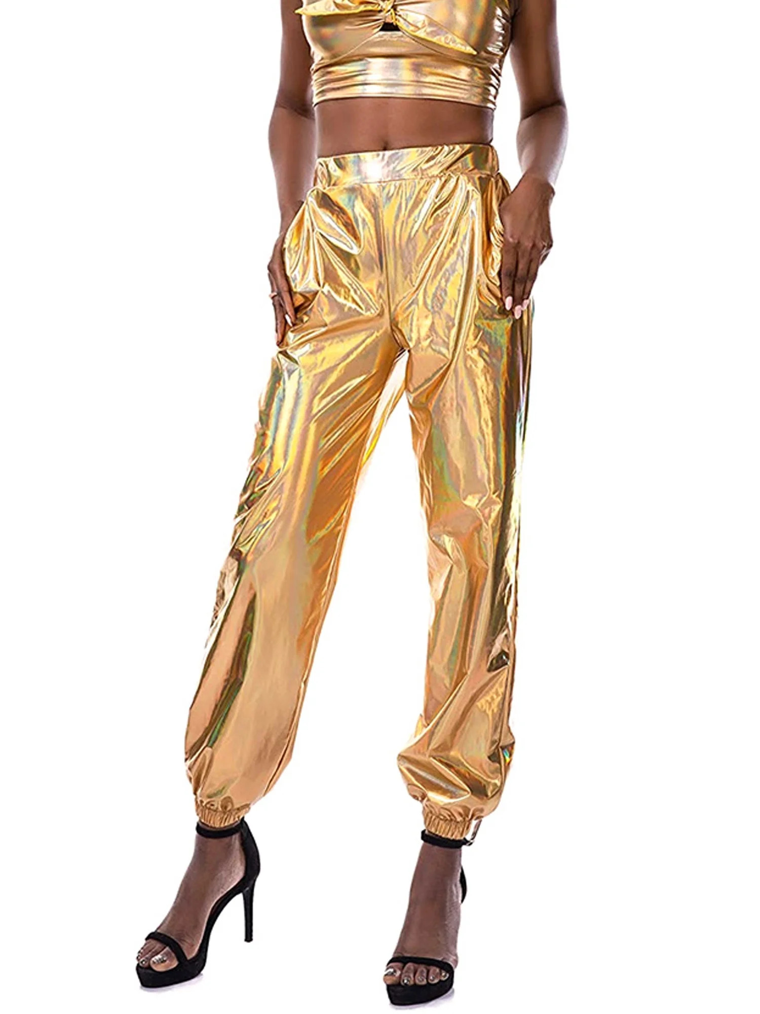 Wallarenear Womens Shiny Metallic Jogger Pants High Waist Hip Hop Trousers - Walmart.com | Walmart (US)