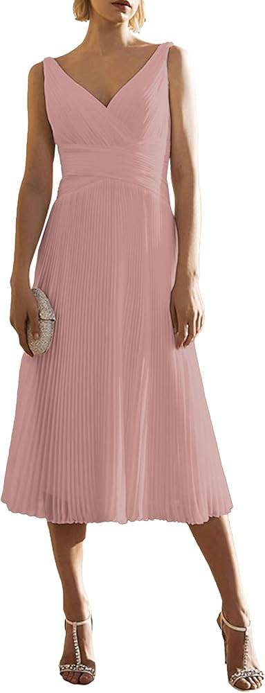 A-Line Minimalist V-Neck Tea Length Sleeveless Cocktail Dress Graduation Dress with Pleats 2024 | Amazon (US)