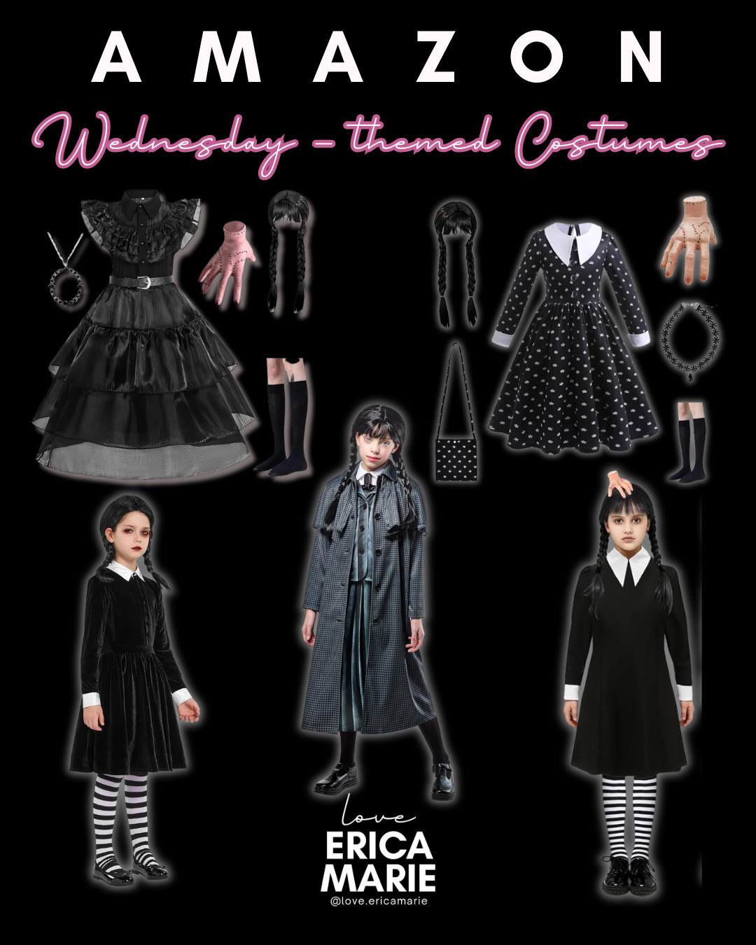 Spooky season is officially here, and Wednesday Addams-themed costumes are set to be one of the biggest Halloween trends again this year! 🖤🕷️ Amazon has the absolute best selection of iconic Nevermore and Addams Family outfits that will make dressing up completely effortless. Whether your girl is loving the famous gothic Rave’N black ruffled dress, the classic collared Nevermore Academy school uniform coat, or the iconic polka dot long-sleeve dress, these affordable costumes are packed with all the spooky details. Each set comes ready to style with must-have accessories like black braided pigtail wigs, striped knee-high socks, creepy Thing prop hands, and statement necklaces.
 
#AmazonHalloween #WednesdayAddams #WednesdayCostume #AmazonFinds #HalloweenCostumes #SpookySeason #LTKkids #LTKfamily #GirlsHalloweenCostumes #AddamsFamily 

 #LTKootd #LTKSeasonal #LTKKids