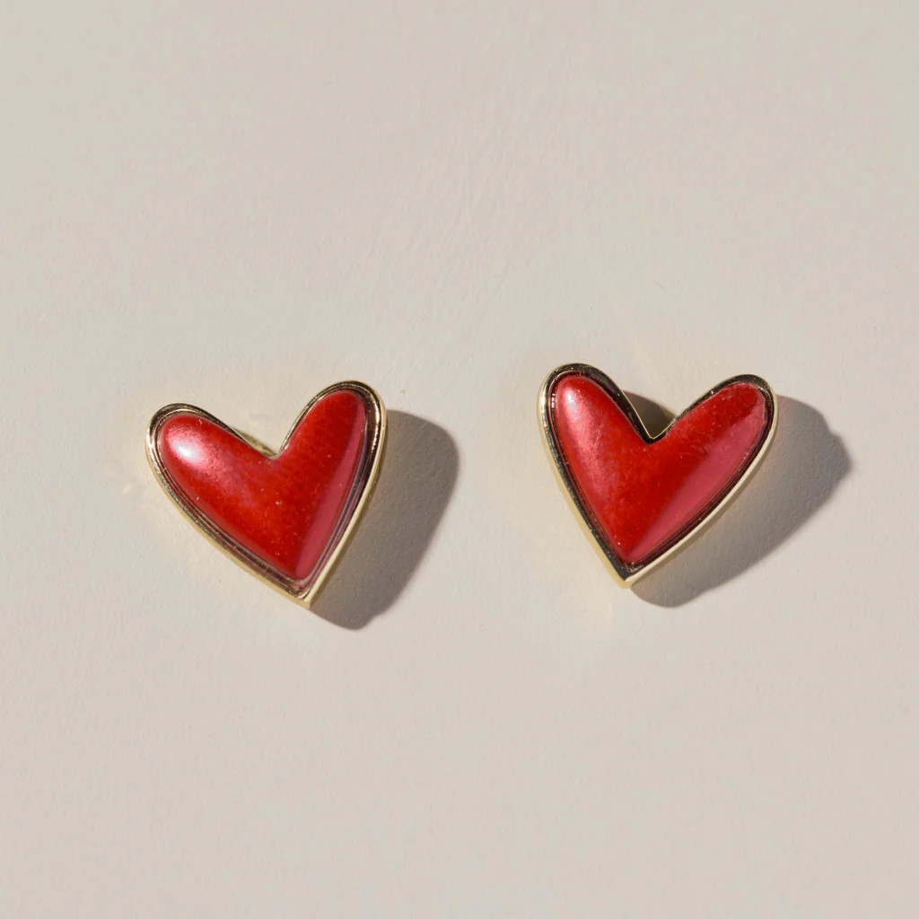 Red Coral Sweetheart Studs | Nickel and Suede