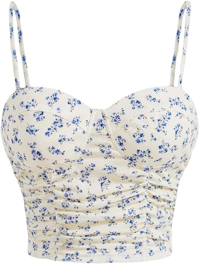 SOLY HUX Women's Ditsy Floral Print Ruched Cami Crop Tops Spaghetti Strap Summer Top | Amazon (US)