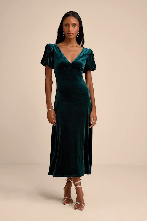 Obrissa Emerald Velvet Puff Sleeve Tie-Back Midi Dress | Lulus