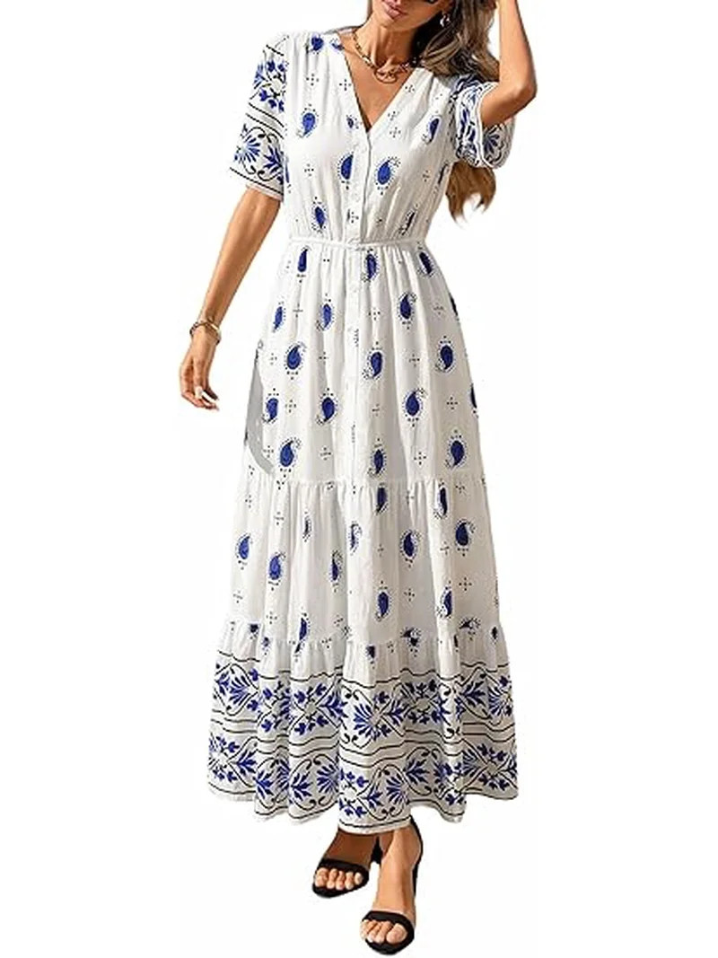 PRETTYGARDEN Womens Summer Boho Maxi Dress Trendy Short Sleeve V Neck Flowy Beach Floral Dresses ... | Walmart (US)