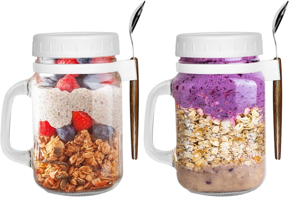 Nidhdsda Overnight Oats Containers with Lids and Spoon Set of 2, 16 OZ Mason Jars with Handle for... | Amazon (US)
