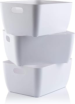 Storage Box | White Rectangular Storage Boxes, Set of 3 Durable, Stylish, Plastic Storage Baskets... | Amazon (UK)