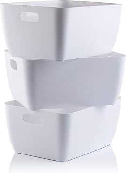 Storage Box | White Rectangular Storage Boxes, Set of 3 Durable, Stylish, Plastic Storage Baskets... | Amazon (UK)