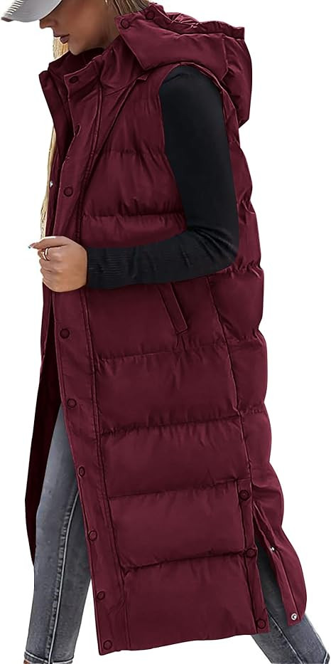 BTFBM Long Puffer Vest Women Quilted Hooded Button Down Zip Up Sleeveless Vests Outerwear Padded ... | Amazon (US)