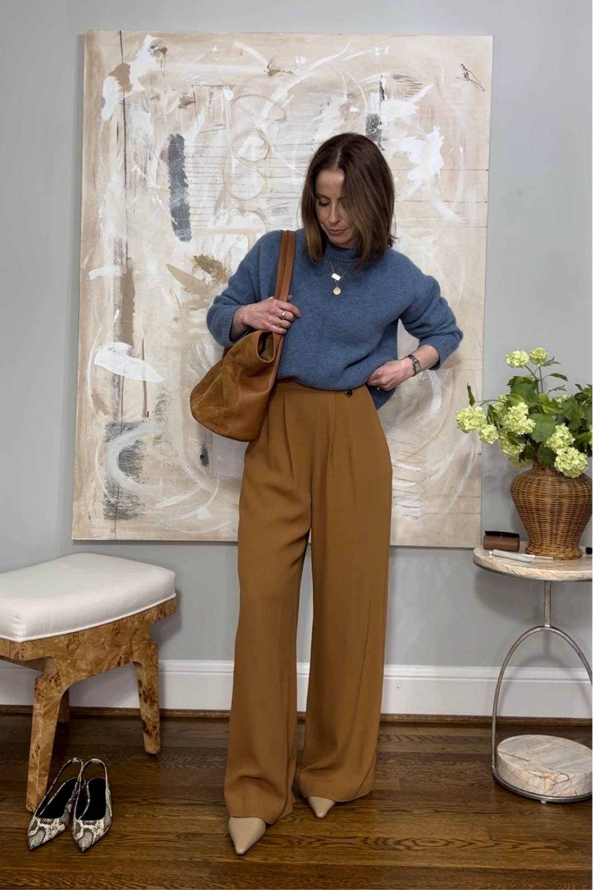 Sezane coffee wide leg, flowy trouser
Beige leather sling back heel Sam Edelman 
Sweater is SEzane but sold out in most sizes  
Tote bag is old jcrew 


#LTKworkwear #LTKstyletip #LTKshoecrush