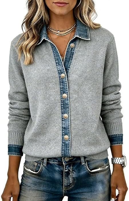 Womens Denim Cardigan Sweater Patchwork Cropped Jean Knit Shacket | Amazon (US)