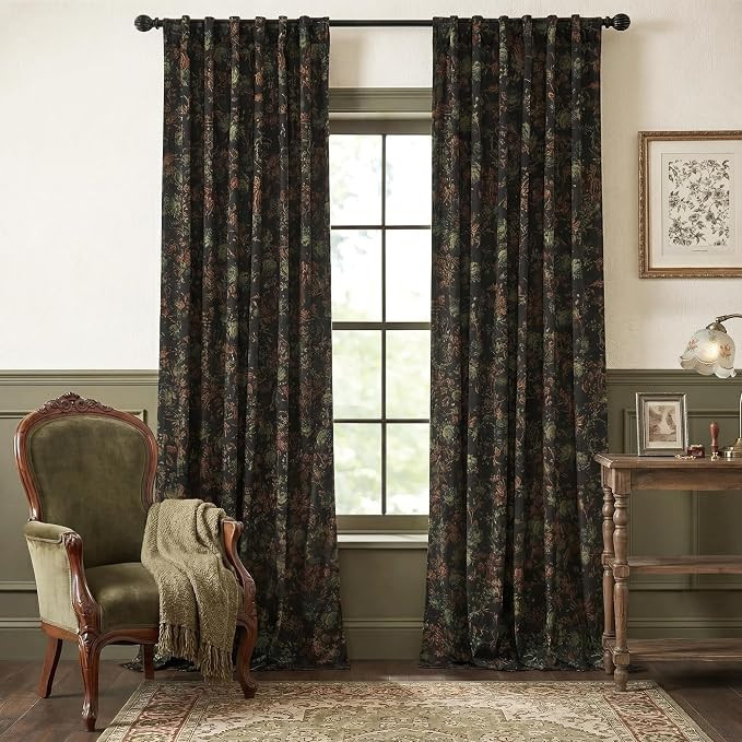 Velvet Curtains 108 inches Long for Living Room, Black Thermal Insulated Curtains with Retro Flor... | Amazon (US)