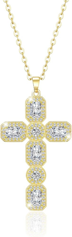 Linawe Cross Necklace for Women, Gold/Silver Jewelry Cross Charm Chain Necklaces, Moissanite Crys... | Amazon (US)