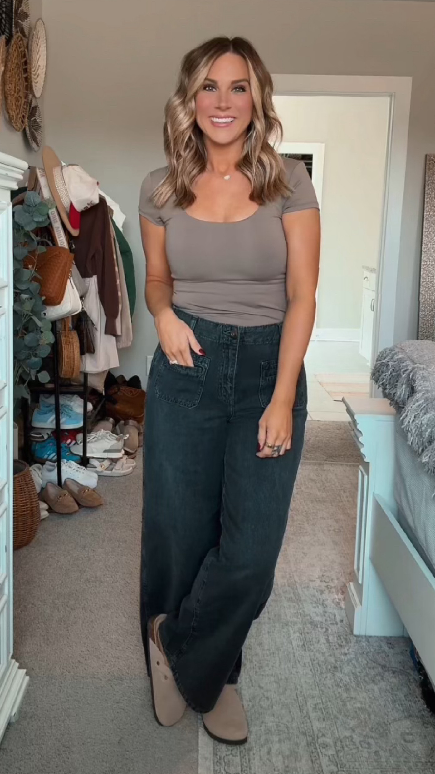 Fall obsessed! These double lined scoop neck tops from Old Navy are so smooth and come in tons of colors. The perfect non-crop fit. These black wide leg jeans are super high quality for an amazing price. They also come in blue jean washes. Casual mom outfit, fall outfit inspo, fall mom outfit

#LTKFindsUnder50 #LTKSeasonal #LTKMidsize