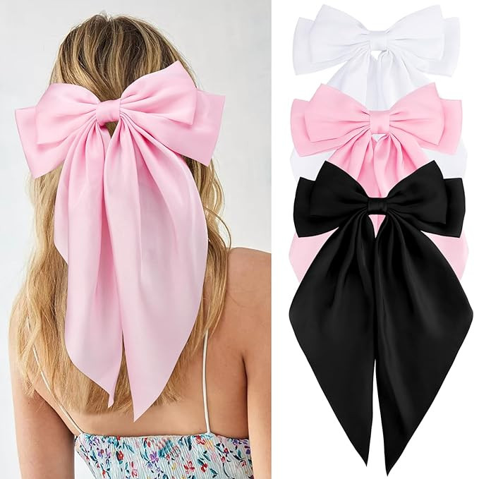 Velscrun Hair Bows for Women Girls 3Pcs White Pink Black Silky Satin Large Bows Hair Clip Oversiz... | Amazon (US)