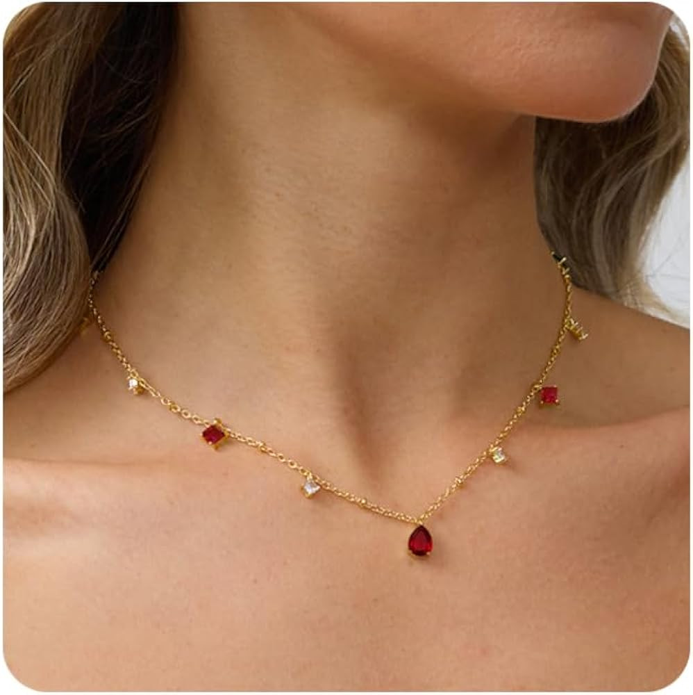 RLMOON Gold Necklaces for Women 14K Gold Plated CZ Diamond Choker Necklace Red Emerald Green Blue... | Amazon (US)