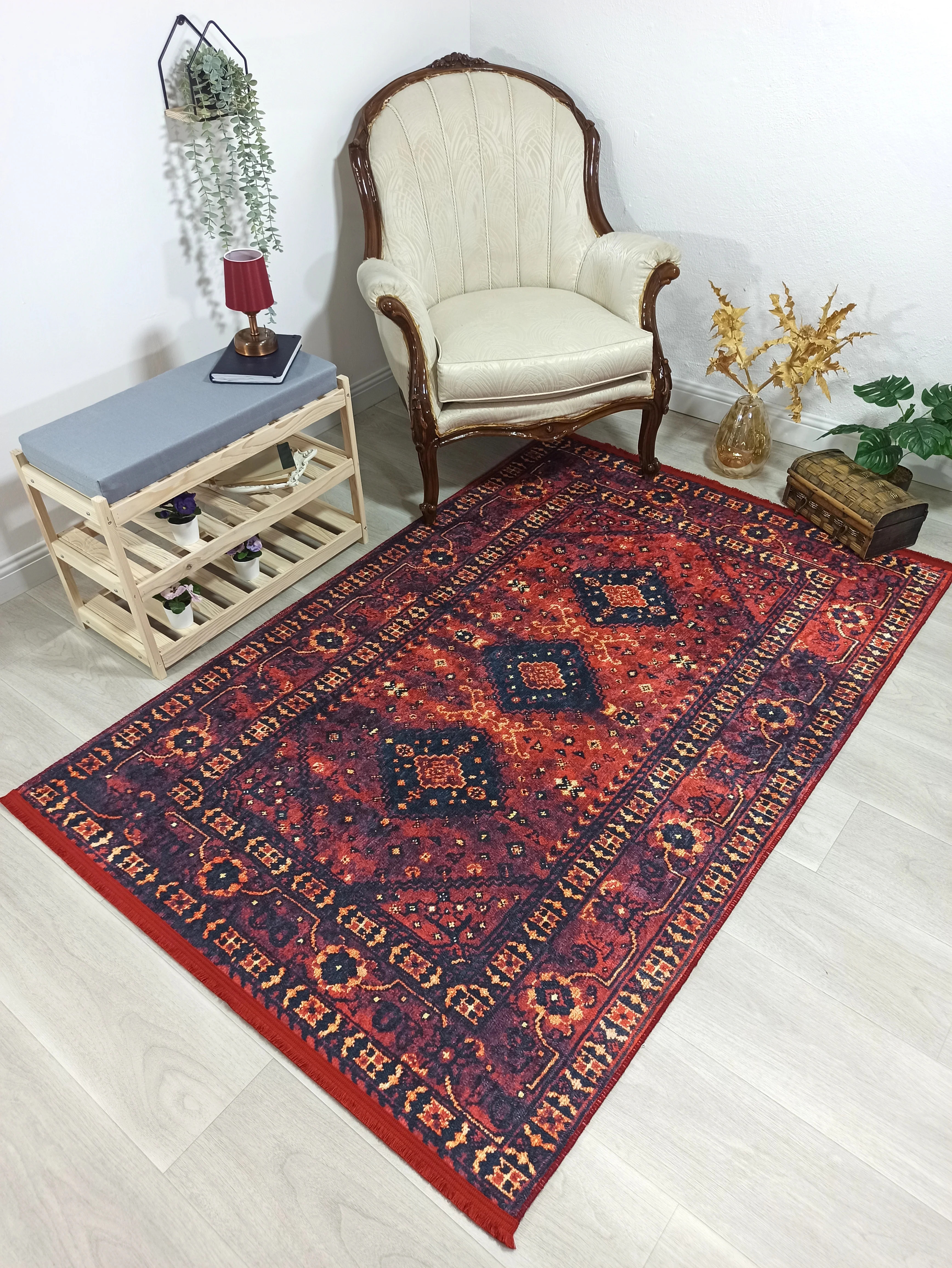 Turkish Oriental Design Red Navy Blue Rug | Fame Rugs