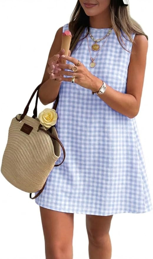 IDEALSANXUN Womens Gingham Dress Spring Summer Beach Boho Sleeveless Mini Sundress | Amazon (US)