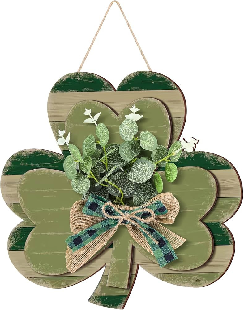 St Patrick's Day Wreath Front Door Hanger Decor Rustic Shamrock Wooden Welcome Sign with Floral B... | Amazon (US)