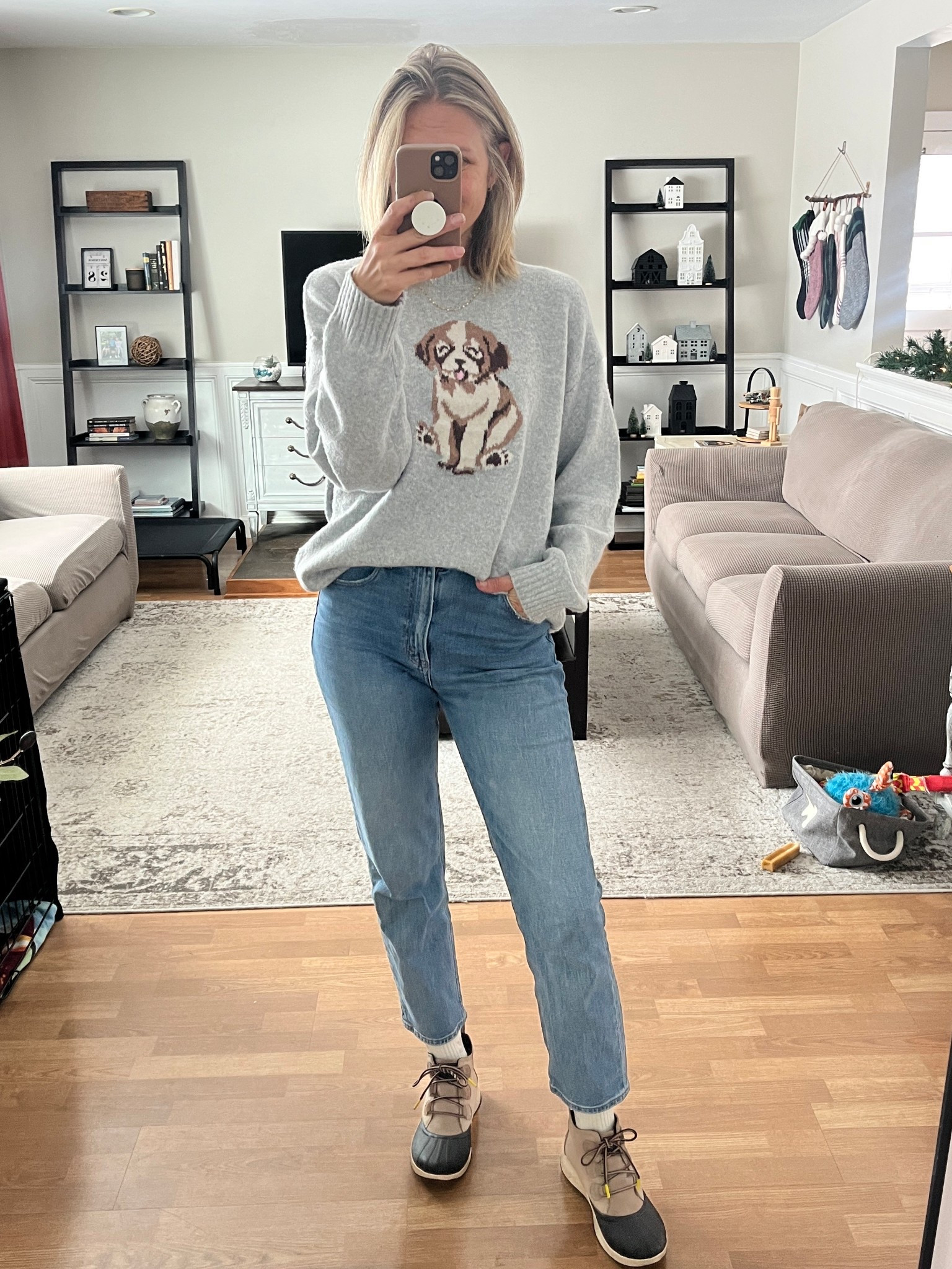 I sized up to a large for a comfy fit in this super soft, adorable sweater that cost only $18!!wearing my true size 28 in these jeans, I’m in a regular length which gives a cropped fit. I sized up a half size in these boots  

#LTKmomlife #LTKOver40 #LTKFindsUnder50