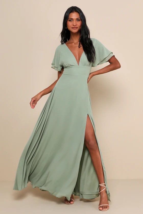 Promise Of Love Sage Brush Flutter Sleeve Maxi Dress | Lulus