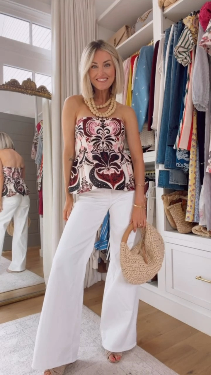 You guys I am obsessed with this top 😍 How gorgeous is this color palette? Pairing a statement top with neutral bottoms and raffia accessories is the ultimate chic spring and summer look. Wearing size 2 in the top and 4 in jeans!

Loverly grey, white jeans outfit, strapless peplum statement tops,  Target style finds, date night spring summer outfit ideas, girls weekend look inspo 

#LTKootd #LTKSeasonal