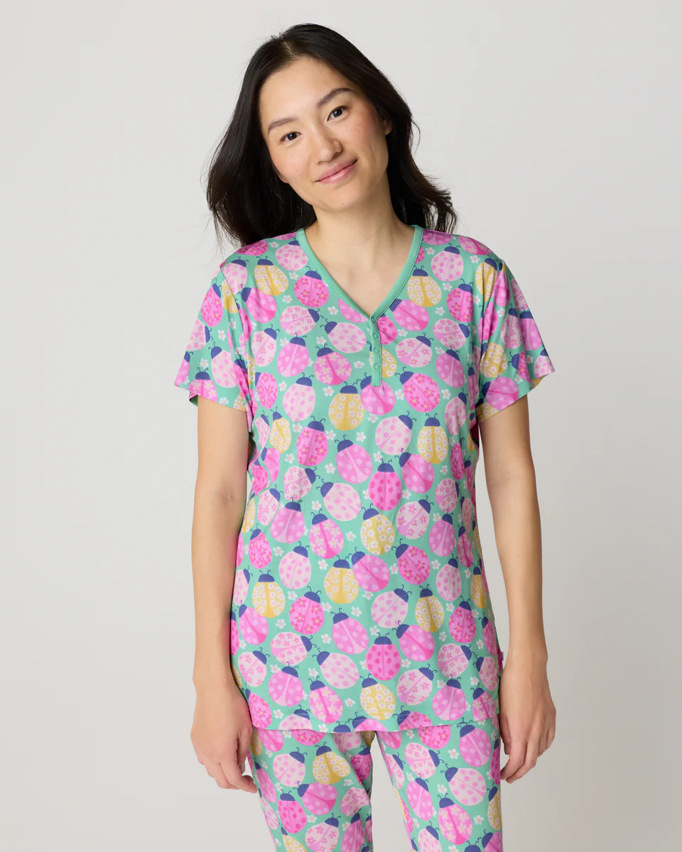 Ladybug Meadow Women's Short Sleeve Pajama Top | Little Sleepies