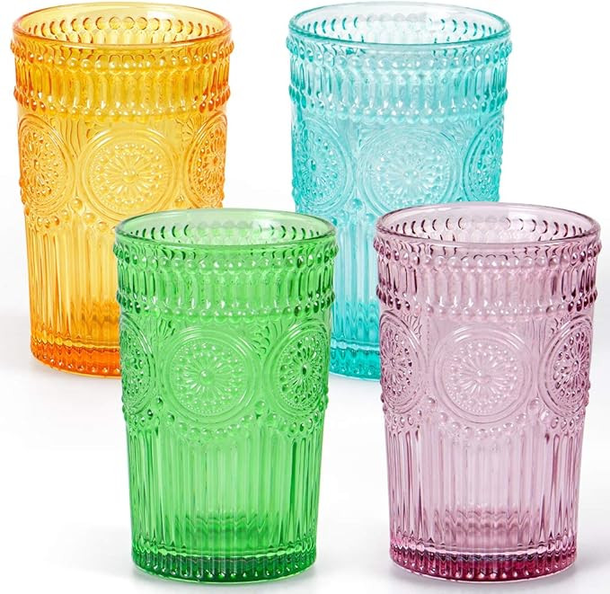 MDLUU Colored Glassware, Multicolor Drinking Glasses, Embossed Water Glasses, Colored Tumblers Gl... | Amazon (US)