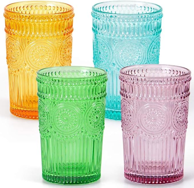 Colored Glassware, Multicolor Drinking Glasses, Embossed Water Glasses, Colored Tumblers Glass, C... | Amazon (US)