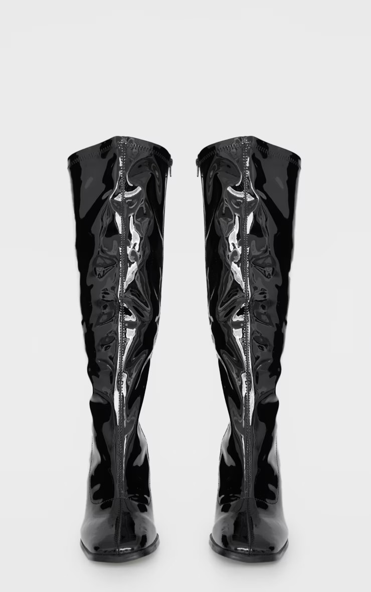 Black Vinyl Square Toe High Block Heeled Knee Boots | Pretty Little Thing (Australia & New Zealand)
