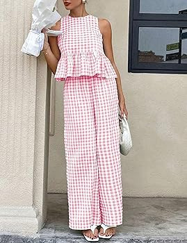 Amazon.com: Tanming Women's 2 Piece Set Outfits Gingham Plaid Tank Tops Wide Leg Pants Matching L... | Amazon (US)