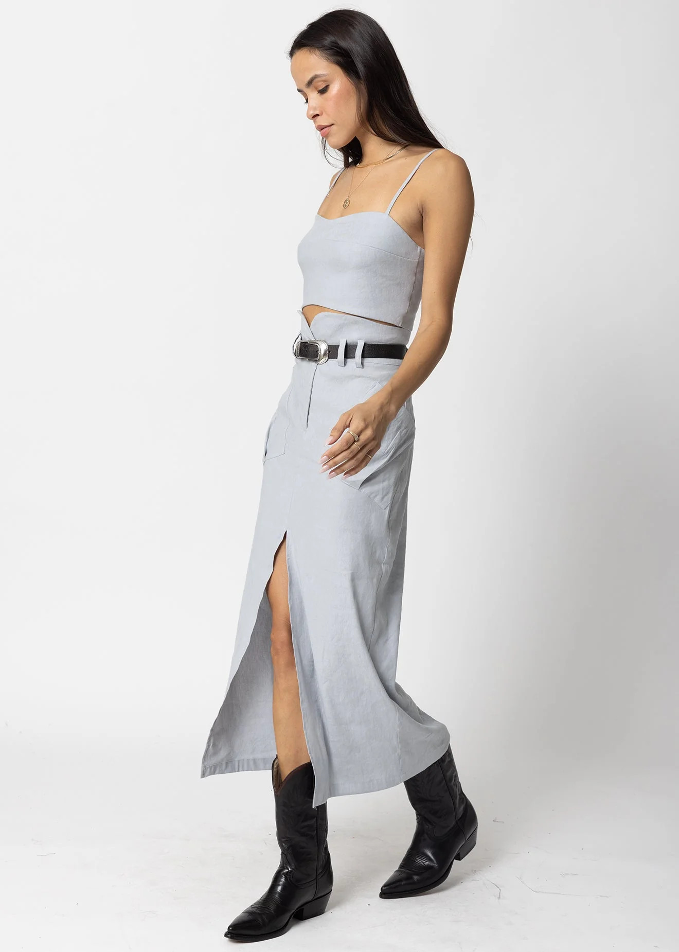 STRETCH LINEN CARGO KNOTCH WAIST MAXI SKIRT | Stillwater Design