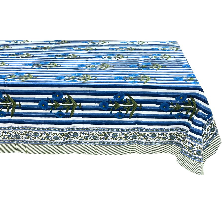 ATOSII Poppy Blue 100% Cotton Fall Tablecloth, Handblock Floral Block Print Linen Table Cloth for... | Amazon (US)